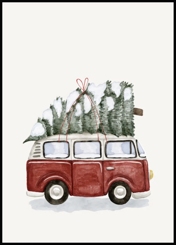 Bus mit Weihnachtsbaum auf dem Dach